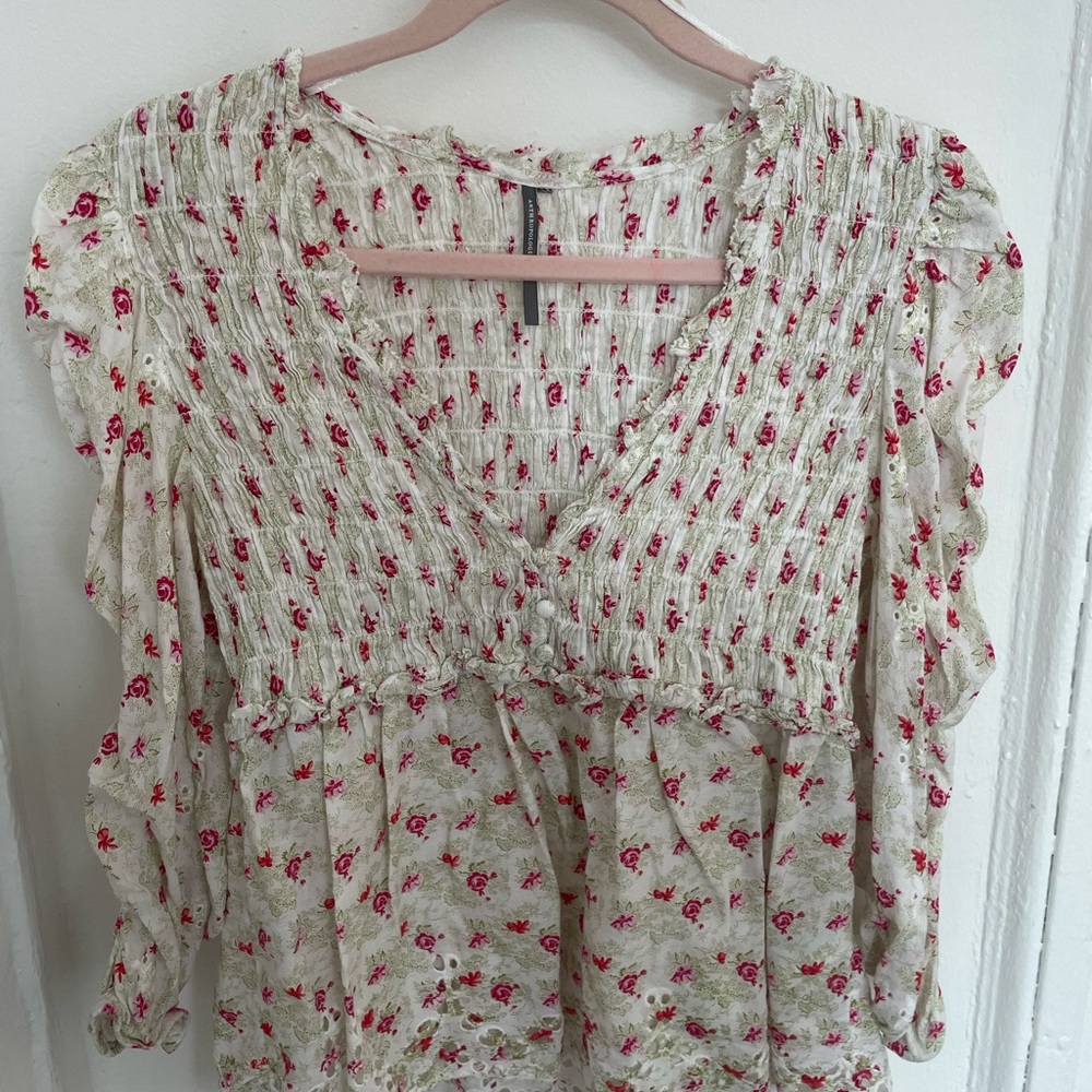 By Anthropologie Ruched Sleeve Smocked Blouse